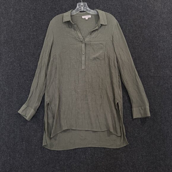 Nanette Lepore Tunic Shirt Women's Large Olive Green Long Sleeve Textured Split - Picture 1 of 7
